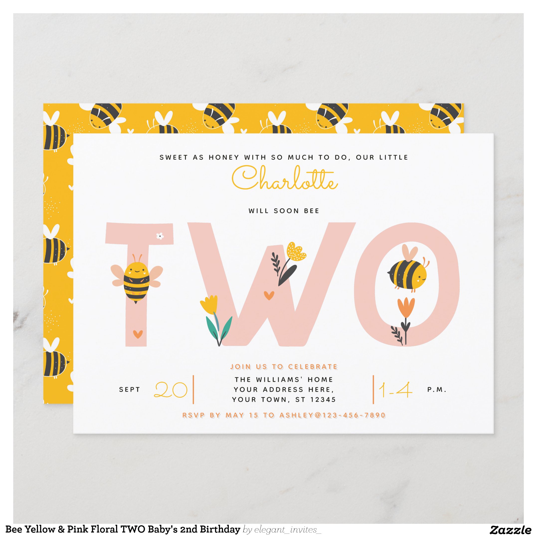 Bee Yellow & Pink Floral TWO Baby's 2nd Birthday Invitation