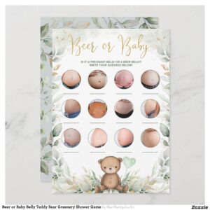 Beer or Baby Belly Teddy Bear Greenery Shower Game Invitation