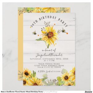 Bees n Sunflower Floral Rustic Wood Birthday Party Invitation