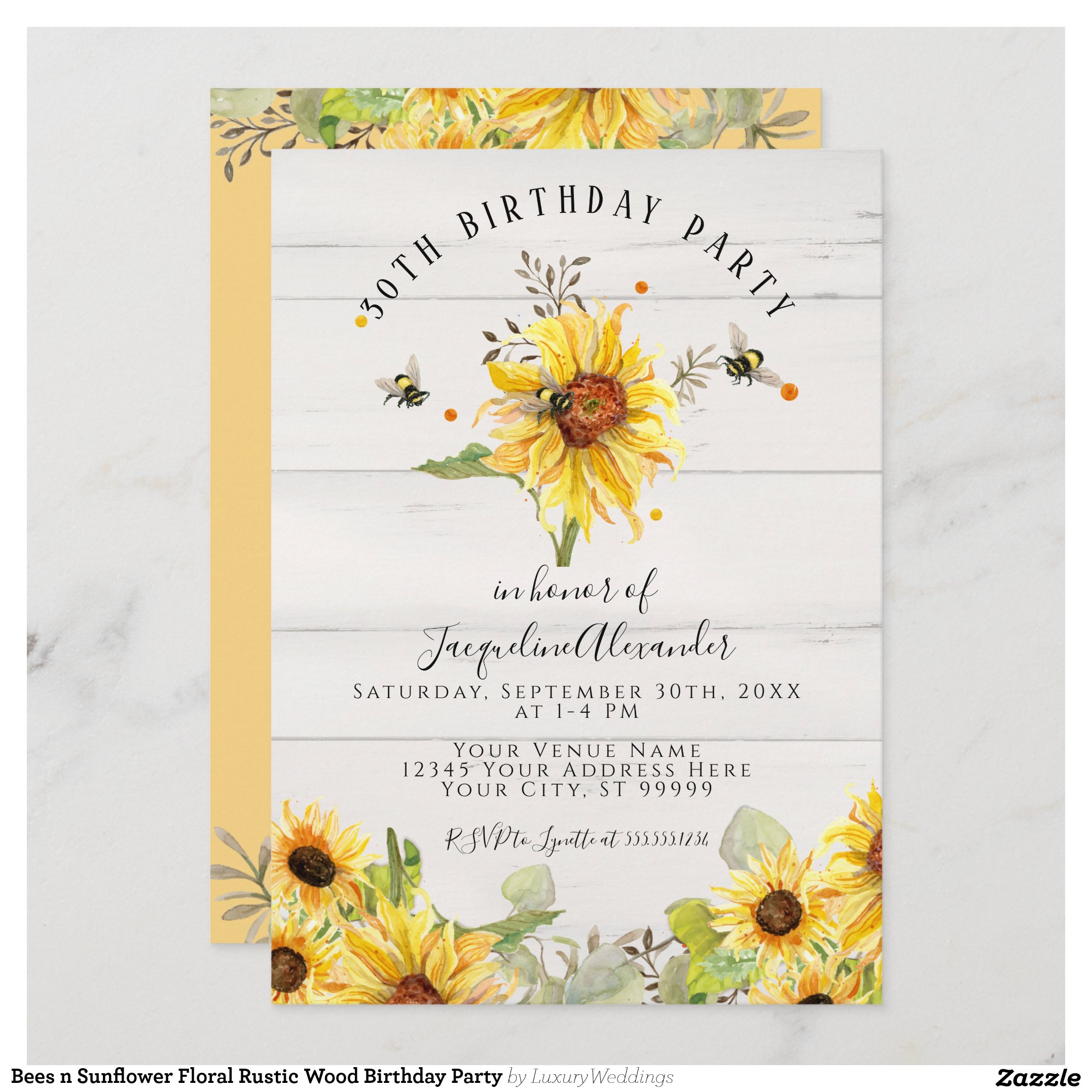 Bees n Sunflower Floral Rustic Wood Birthday Party Invitation