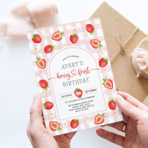 Berry First Birthday Pink Gingham Strawberry Invitation