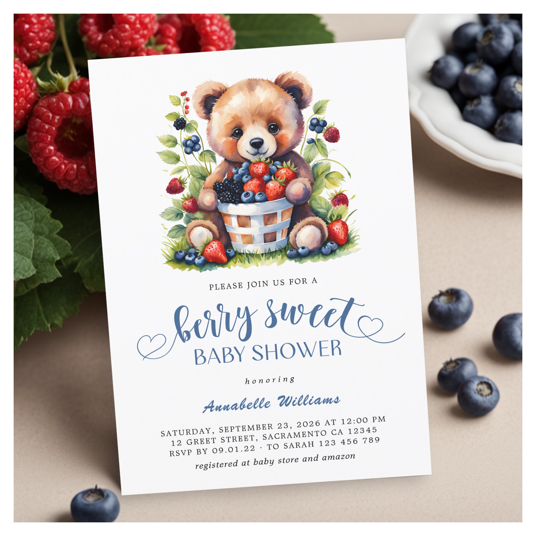 Berry Sweet Baby Shower Wild Berries & Teddy Bear Invitation