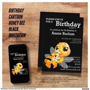 Birthday Cartoon Honey Bee Black Invitation