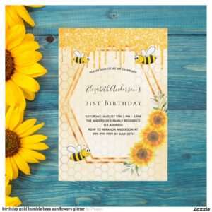 Birthday gold bumble bees sunflowers glitter invitation