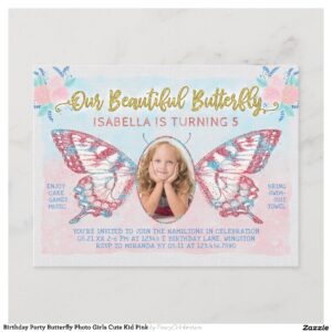 Birthday Party Butterfly Photo Girls Cute Kid Pink Invitation Postcard