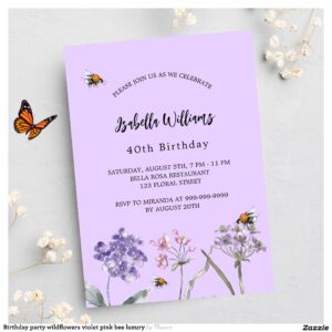 Birthday party wildflowers violet pink bee luxury invitation