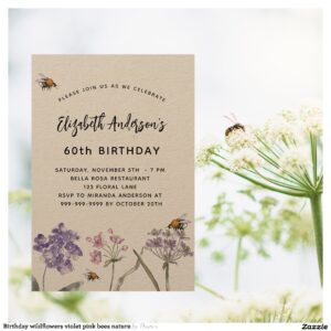 Birthday wildflowers violet pink bees nature invitation