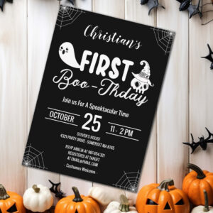 Black First Boo-thday Custom Halloween Birthday Invitation