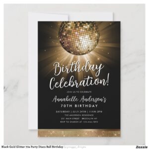 Black Gold Glitter 70s Party Disco Ball Birthday Invitation