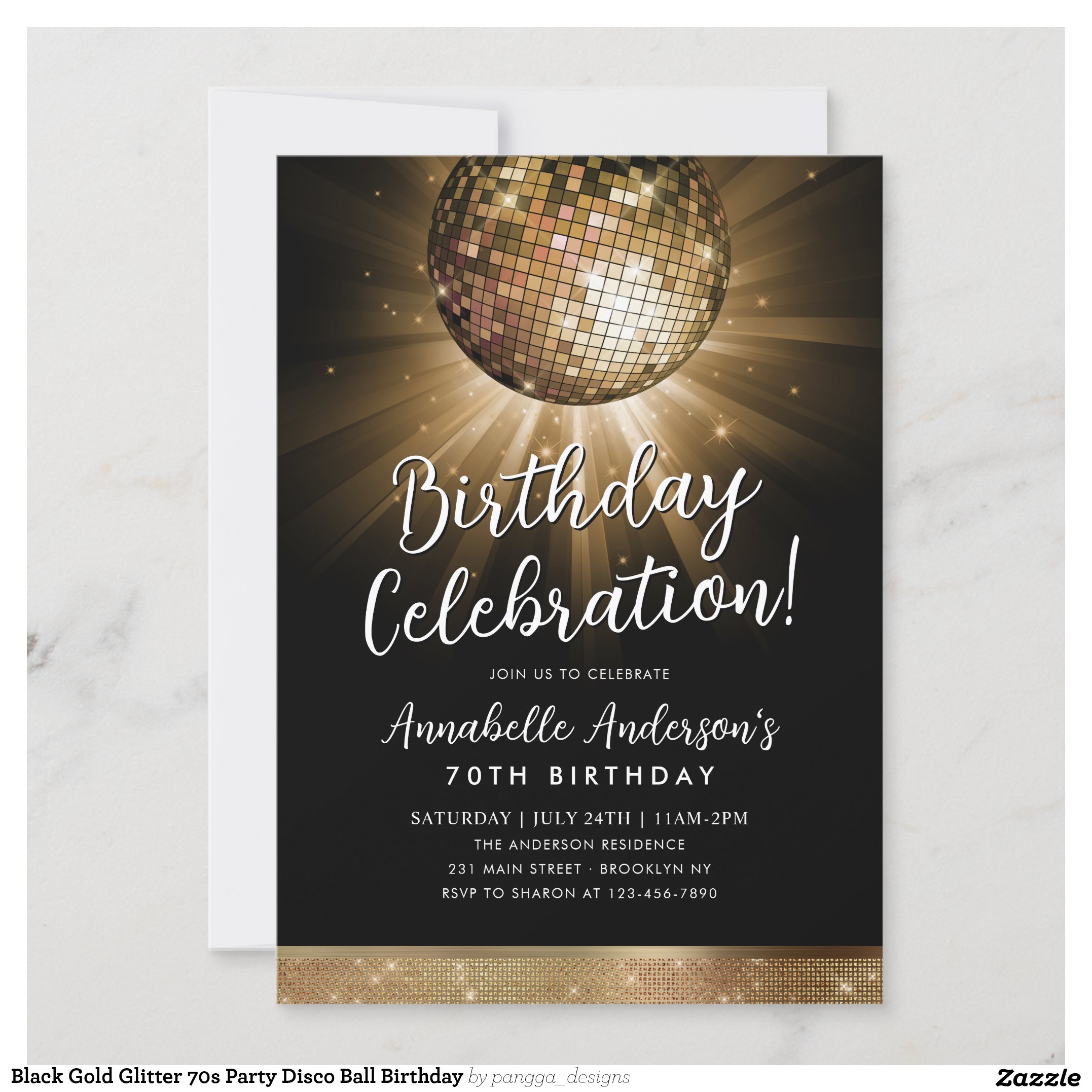 Black Gold Glitter 70s Party Disco Ball Birthday Invitation