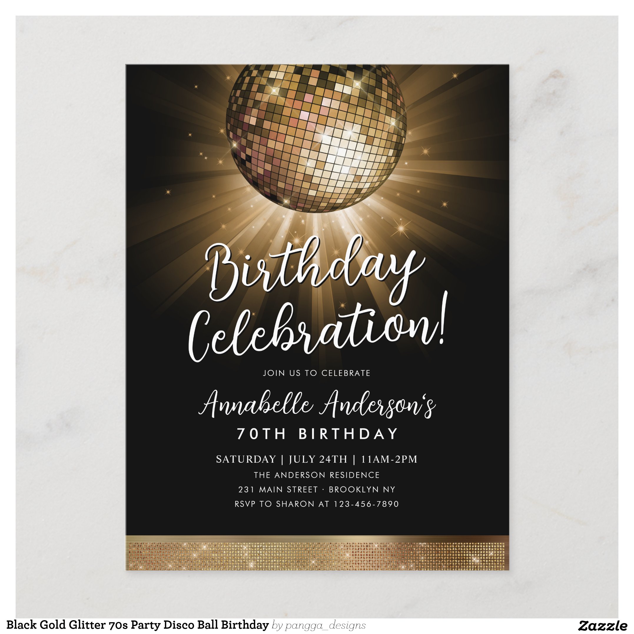 Black Gold Glitter 70s Party Disco Ball Birthday Postcard