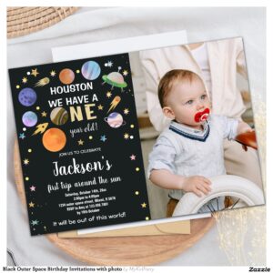 Black Outer Space Birthday Invitations with photo