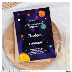 Black Purple Outer Space Birthday Invitations