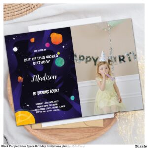 Black Purple Outer Space Birthday Invitations phot