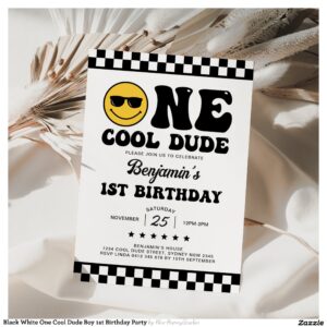 Black White One Cool Dude Boy 1st Birthday Party Invitation