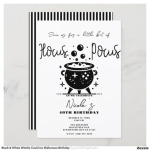 Black & White Witchy Cauldron Halloween Birthday Invitation