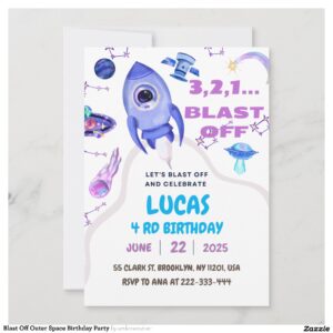 Blast Off Outer Space Birthday Party Invitation