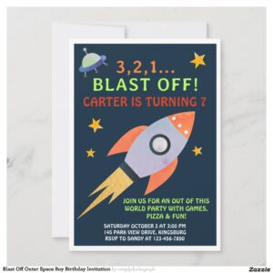Blast Off Outer Space Boy Birthday Invitation