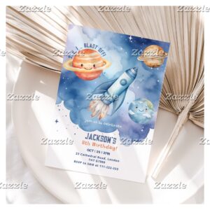 Blast Off Outer Space planets Birthday party Invitation