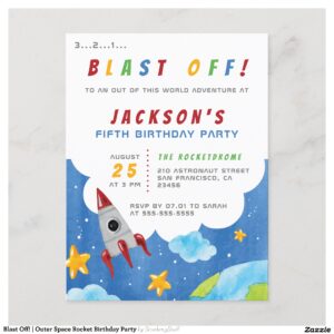 Blast Off! Outer Space Rocket Birthday Party Invitation Postcard