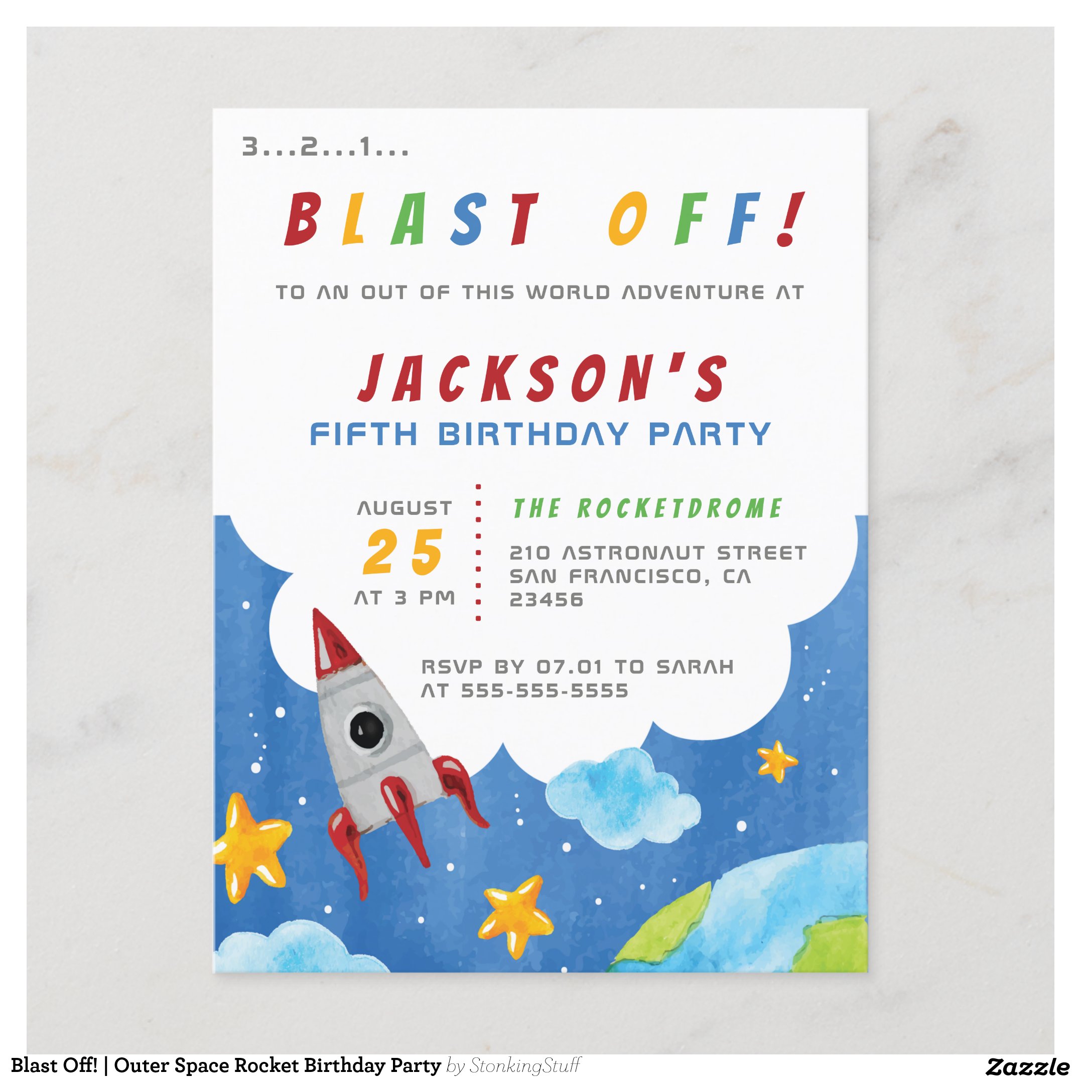 Blast Off! Outer Space Rocket Birthday Party Invitation Postcard