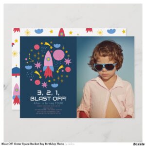 Blast Off! Outer Space Rocket Boy Birthday Photo Invitation