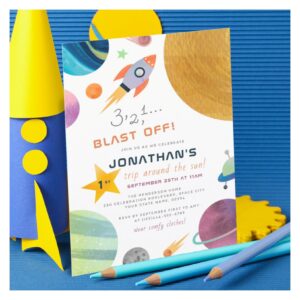 Blast Off! Rocket Trip Around The Sun Boy Birthday Invitation