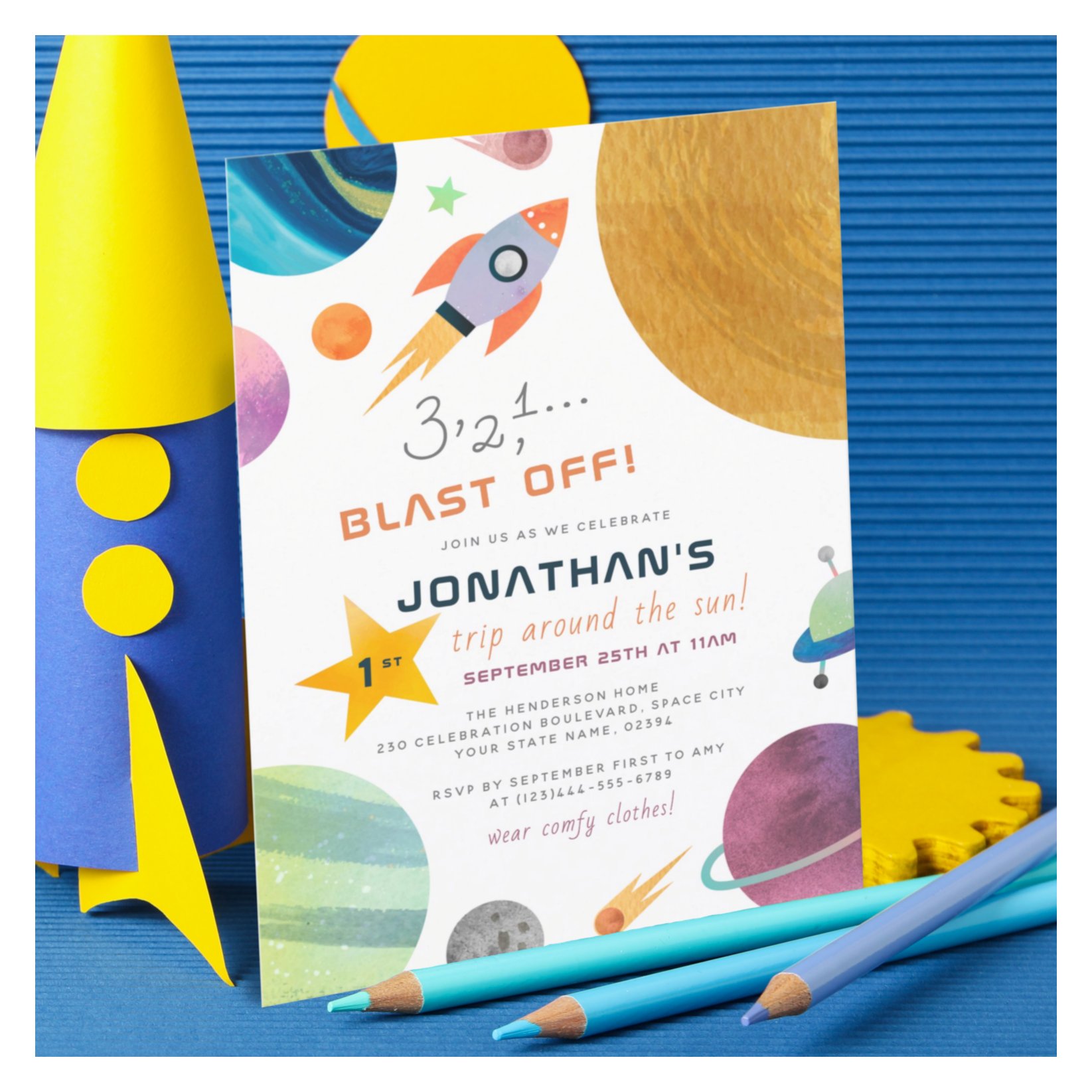 Blast Off! Rocket Trip Around The Sun Boy Birthday Invitation