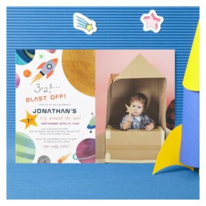 Blast Off! Trip Around The Sun Boy Birthday Photo Invitation