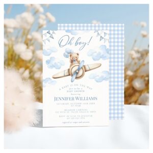 Blue Airplane Teddy Bear Oh Boy Baby Shower Invitation