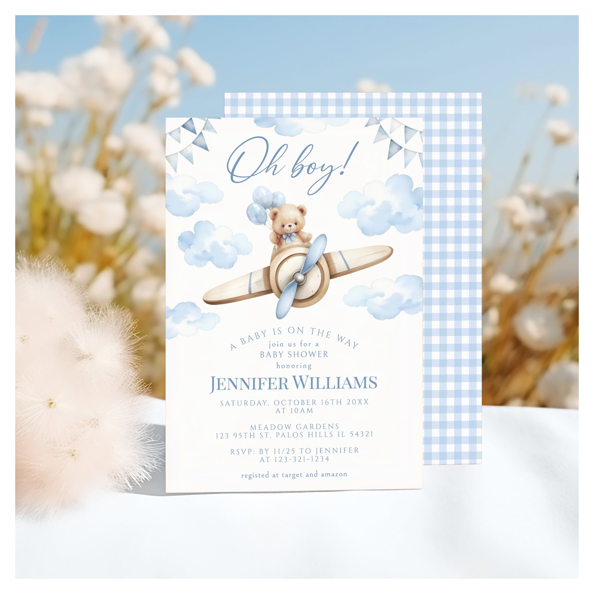 Blue Airplane Teddy Bear Oh Boy Baby Shower Invitation