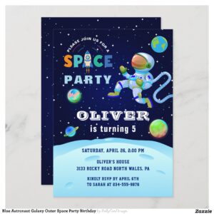 Blue Astronaut Galaxy Outer Space Party Birthday Invitation