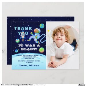 Blue Astronaut Outer Space Birthday Photo Thank You Card