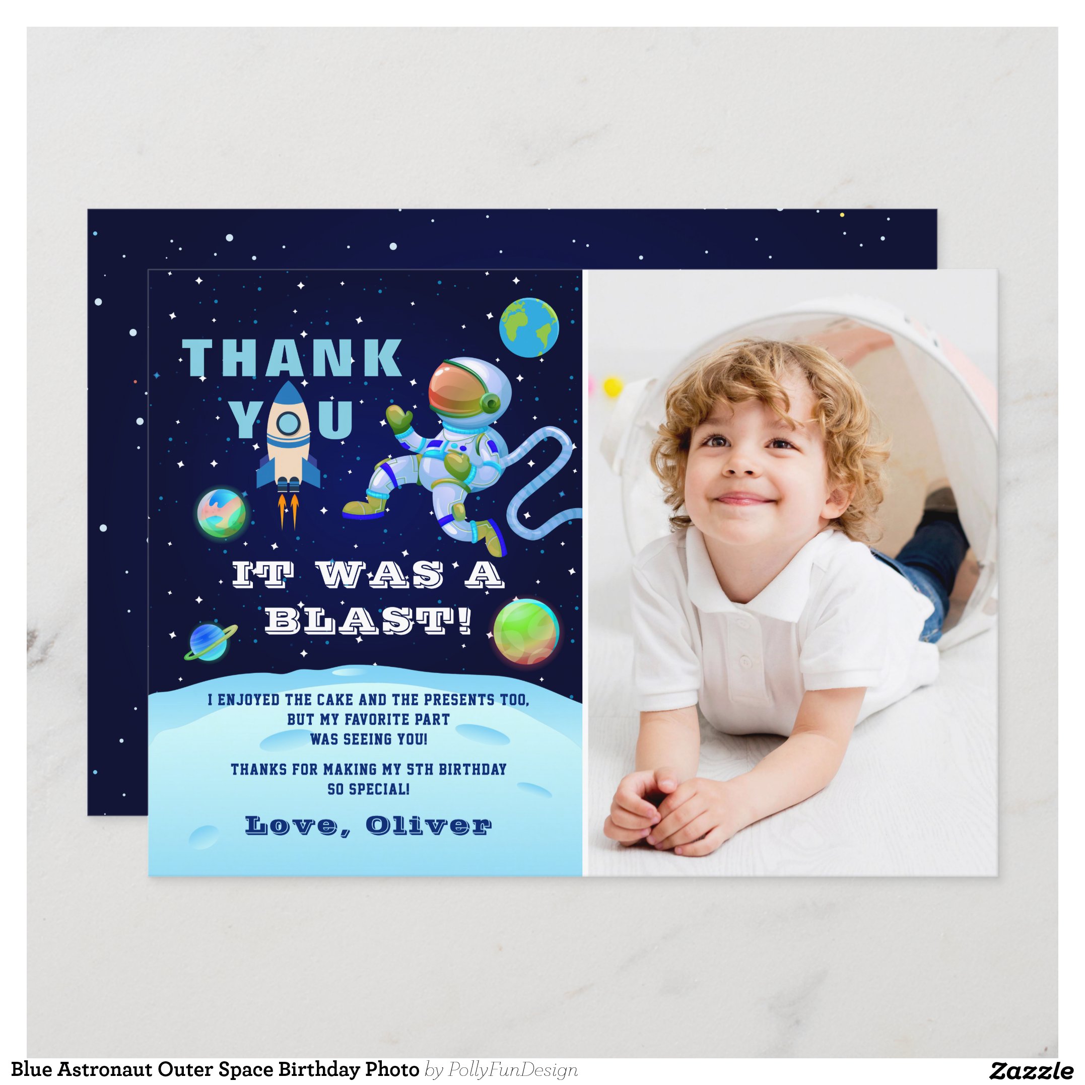 Blue Astronaut Outer Space Birthday Photo Thank You Card