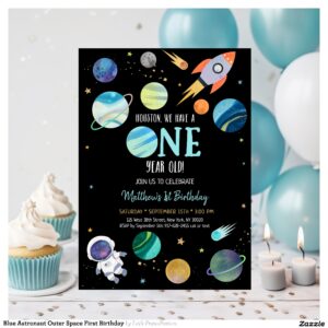 Blue Astronaut Outer Space First Birthday Invitation