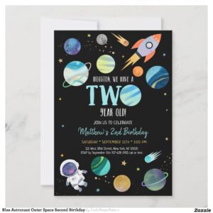 Blue Astronaut Outer Space Second Birthday Invitation