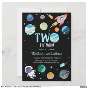 Blue Astronaut Outer Space Two The Moon Birthday Invitation