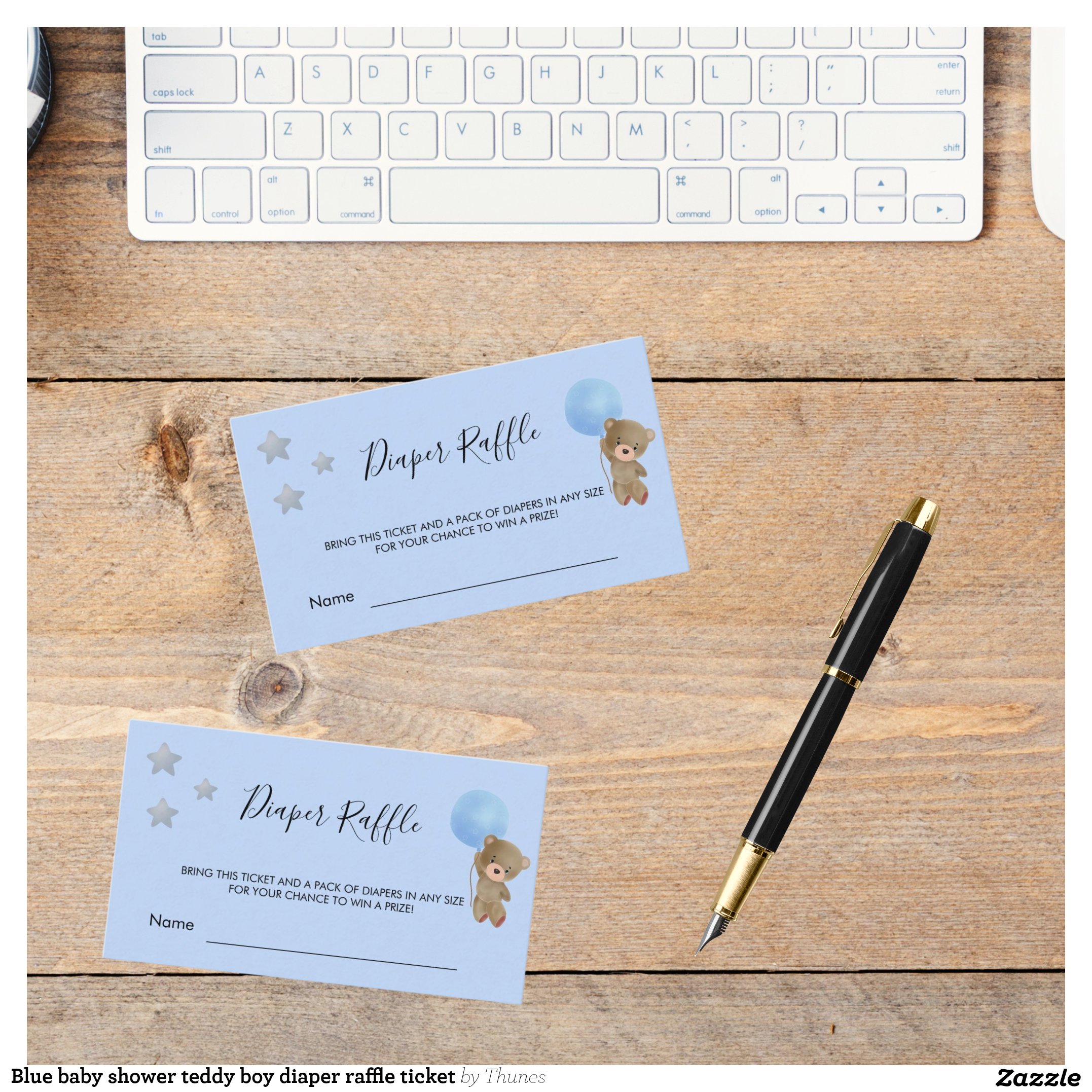 Blue baby shower teddy boy diaper raffle ticket enclosure card