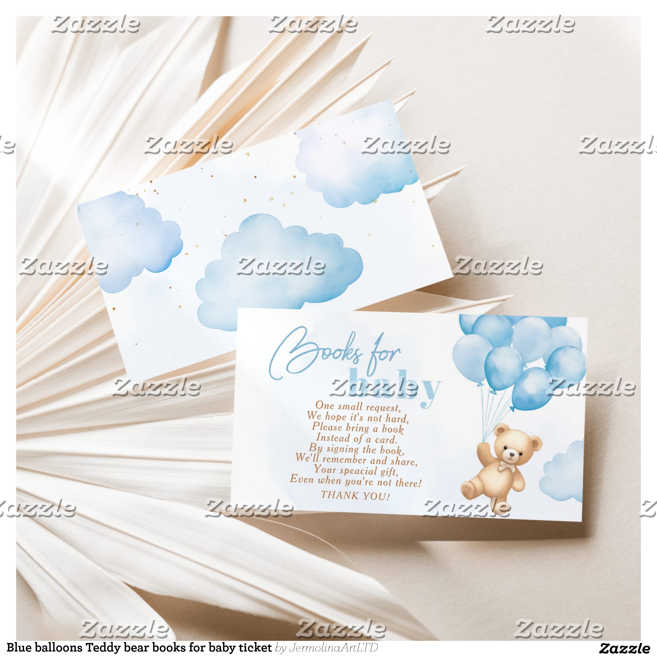 Blue balloons Teddy bear books for baby ticket Enclosure Card