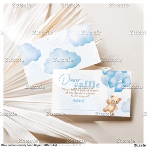 Blue balloons teddy bear diaper raffle ticket enclosure card