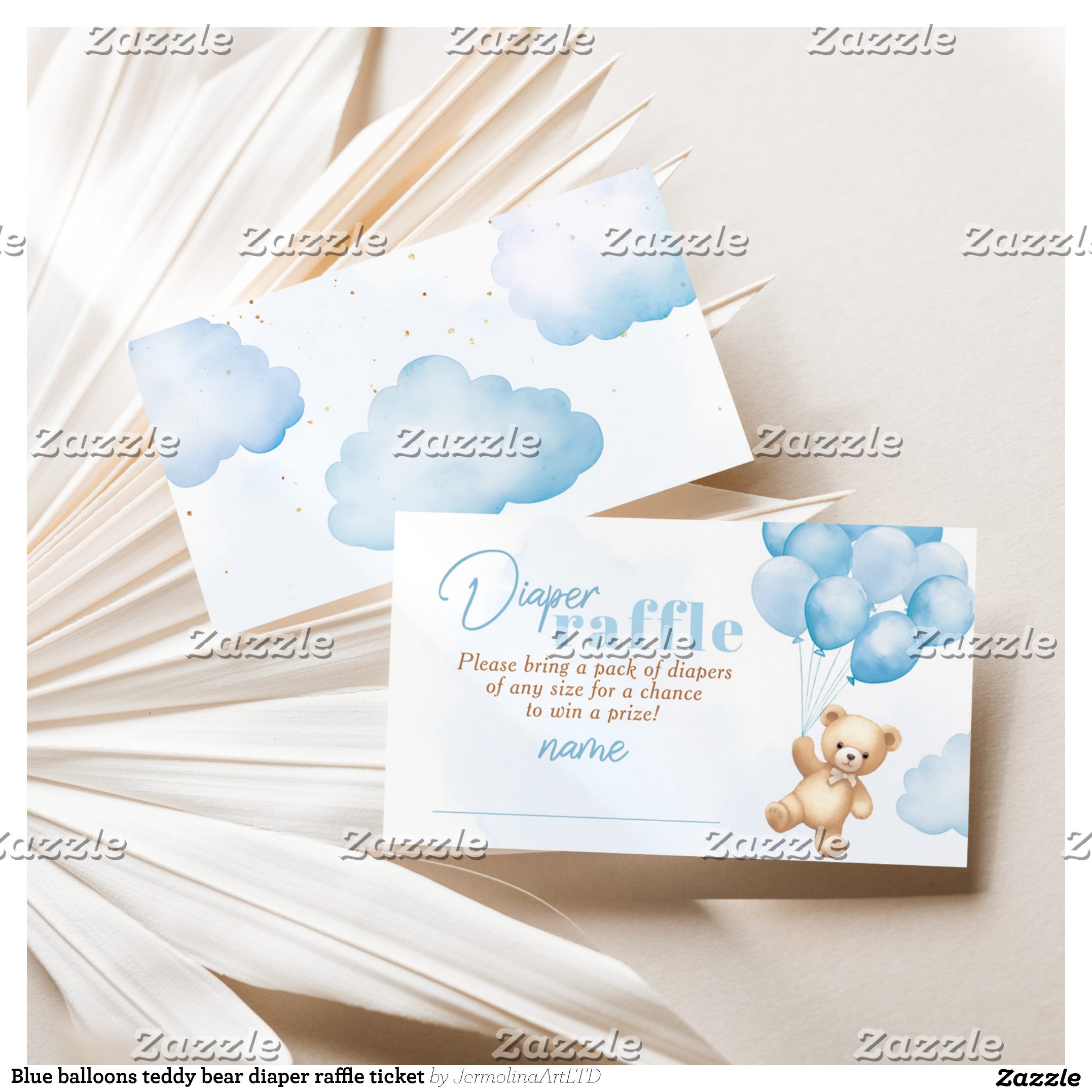 Blue balloons teddy bear diaper raffle ticket enclosure card