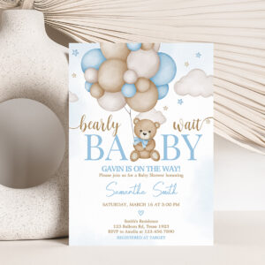 Blue Bear Balloon Baby Shower Invitation