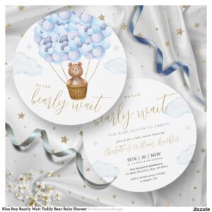 Blue Boy Bearly Wait Teddy Bear Baby Shower Invitation