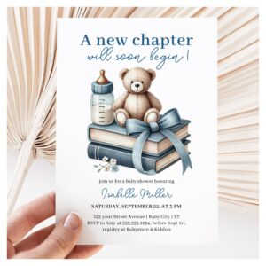 Blue Boy Teddy Bear Baby Shower New Chapter Begins Invitation