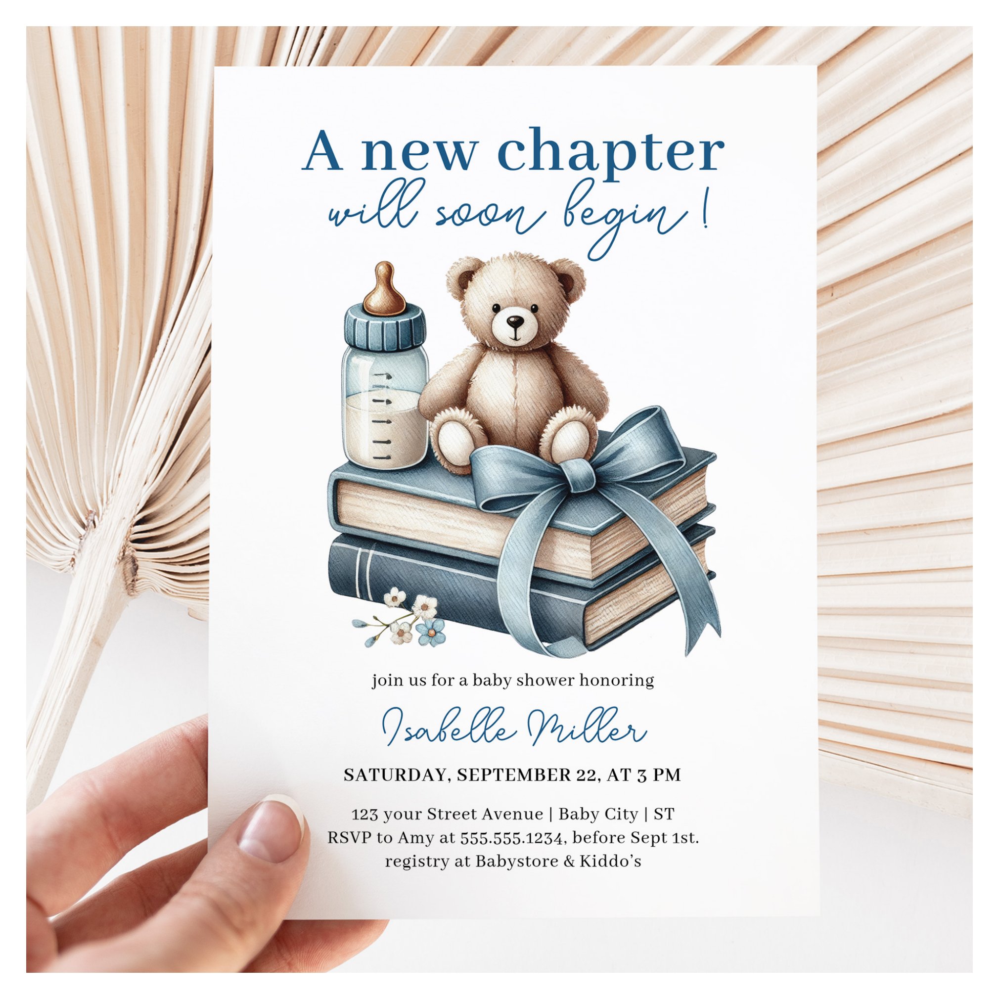 Blue Boy Teddy Bear Baby Shower New Chapter Begins Invitation