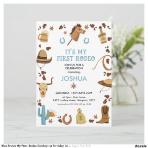 Blue Brown My First Rodeo Cowboy 1st Birthday In Invitation
