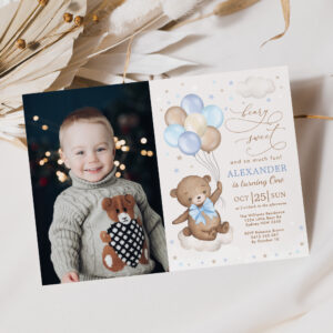 Blue Brown Teddy Bear Balloons Birthday Boy Photo Invitation