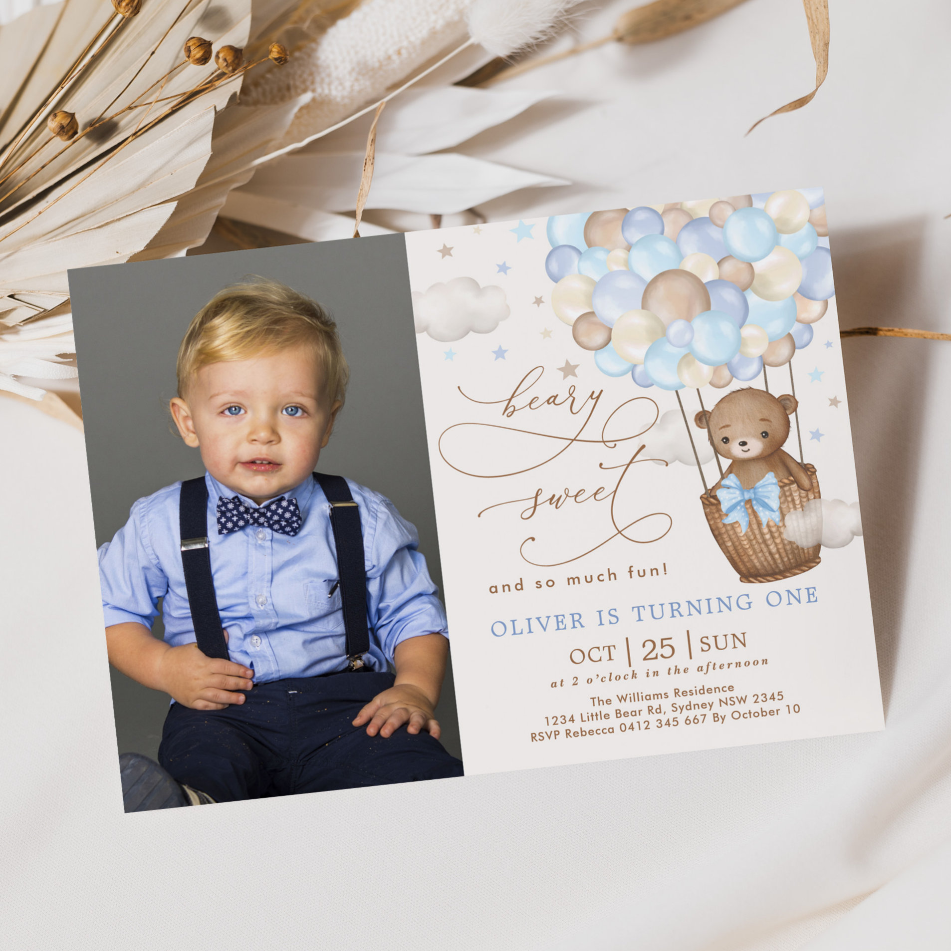 Blue Brown Teddy Bear Hot Air Balloon 1st Birthday Invitation