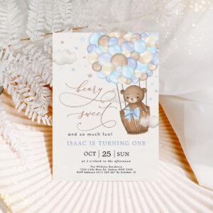 Blue Brown Teddy Bear Hot Air Balloon Boy Birthday Invitation