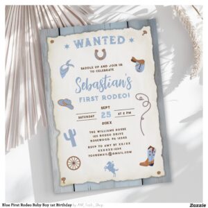 Blue First Rodeo Baby Boy 1st Birthday Invitation